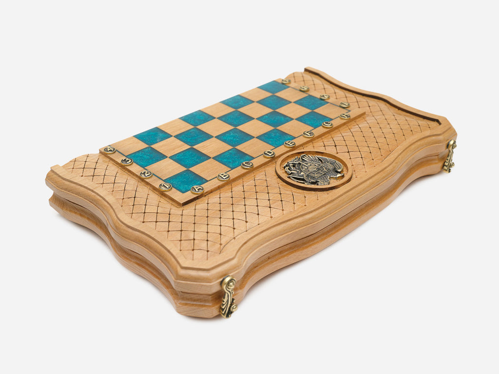 Overhead view of the turquoise epoxy board and the full set of pieces