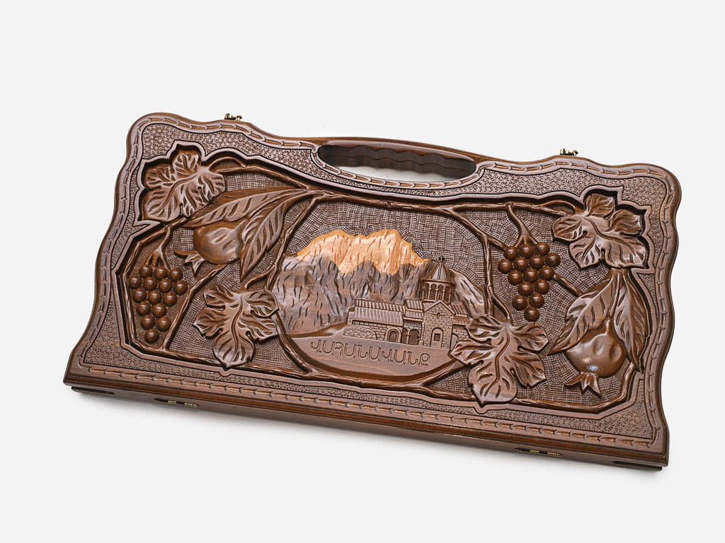 Angled view of the Vahanavank carved backgammon board