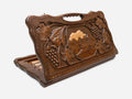 Carved beechwood backgammon board depicting the Vahanavank monastery among mountains and grapevines, shown propped open