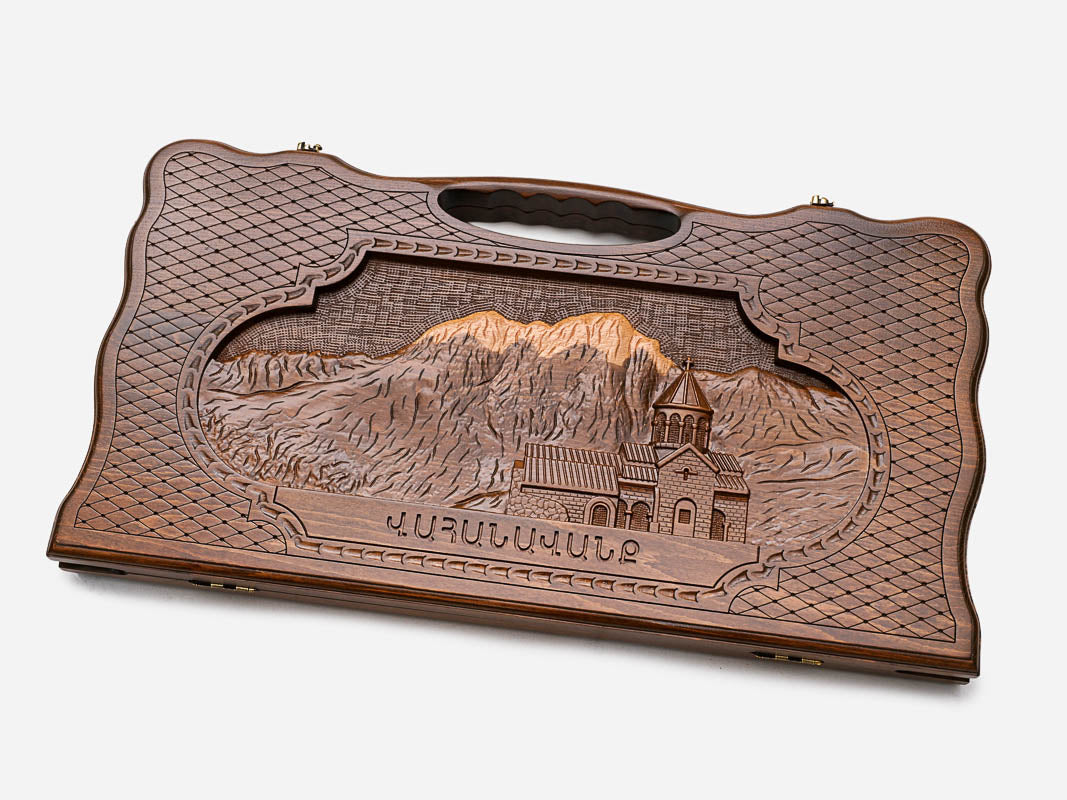 Angled view of the Vahanavank monastery mountain carved backgammon board