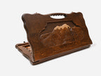 Carved beechwood backgammon board showing the Vahanavank monastery among mountains, with a carry handle, shown propped open