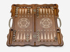 The backgammon board opened to reveal the wooden playing points
