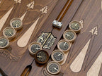 The board shown from the side with bronze hardware