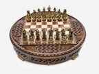 Handle Chess Royal Circle round board set up for a new game, straight front view