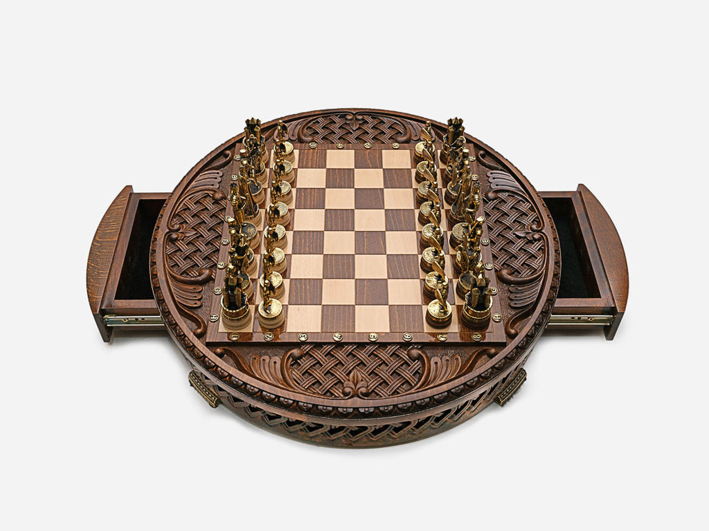 Handle Chess Royal Circle with both side drawers open, top-down view of the round board