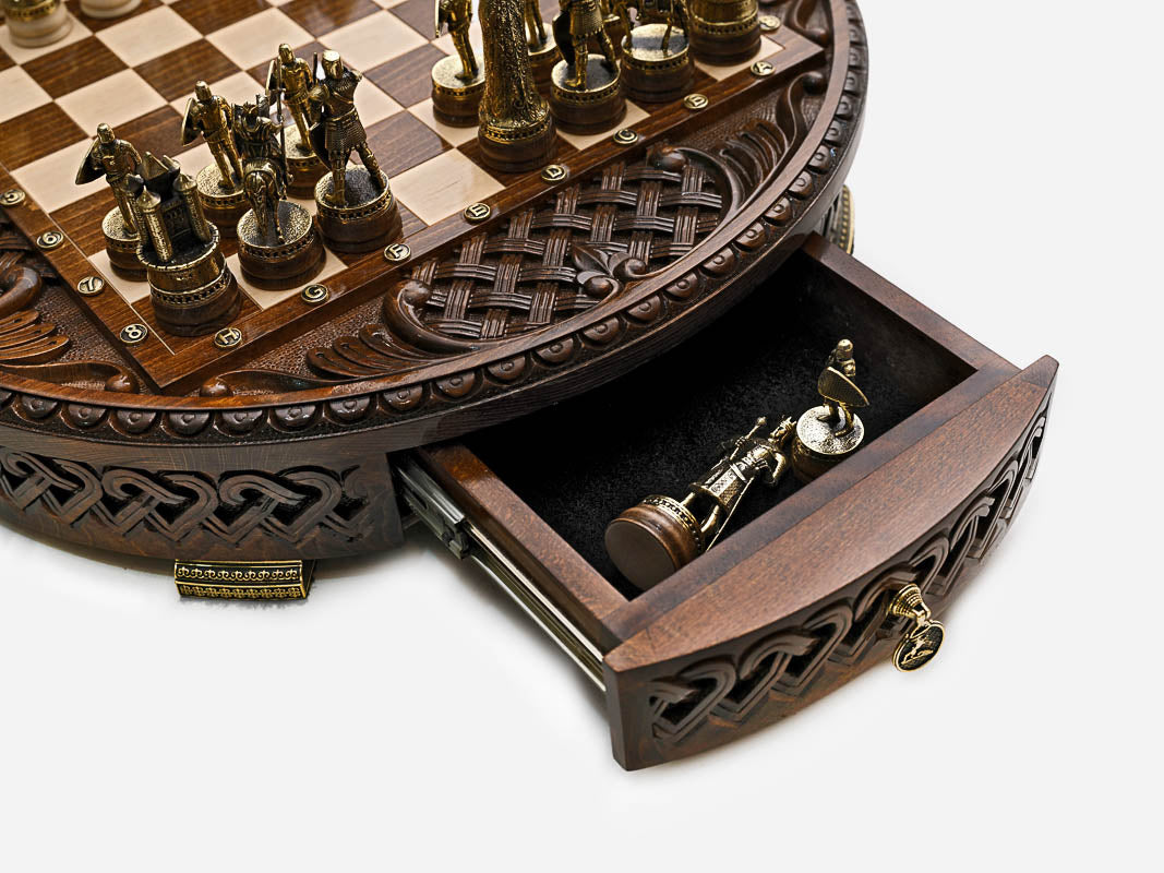 Handle Chess Royal Circle drawer open showing spare chess pieces stored inside