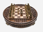 Handle Chess Royal Circle round board with pieces in starting position, closer front view