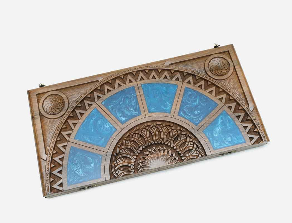 Close-up of the carved central relief and epoxy panels