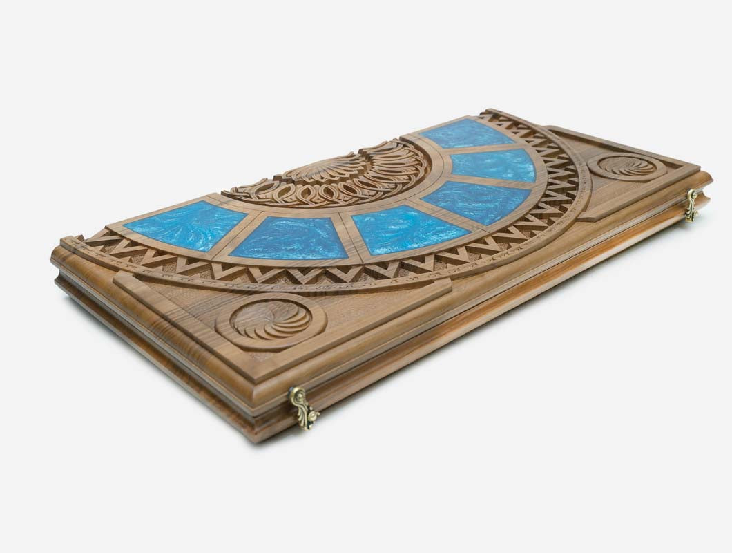 Overhead view of the epoxy backgammon board