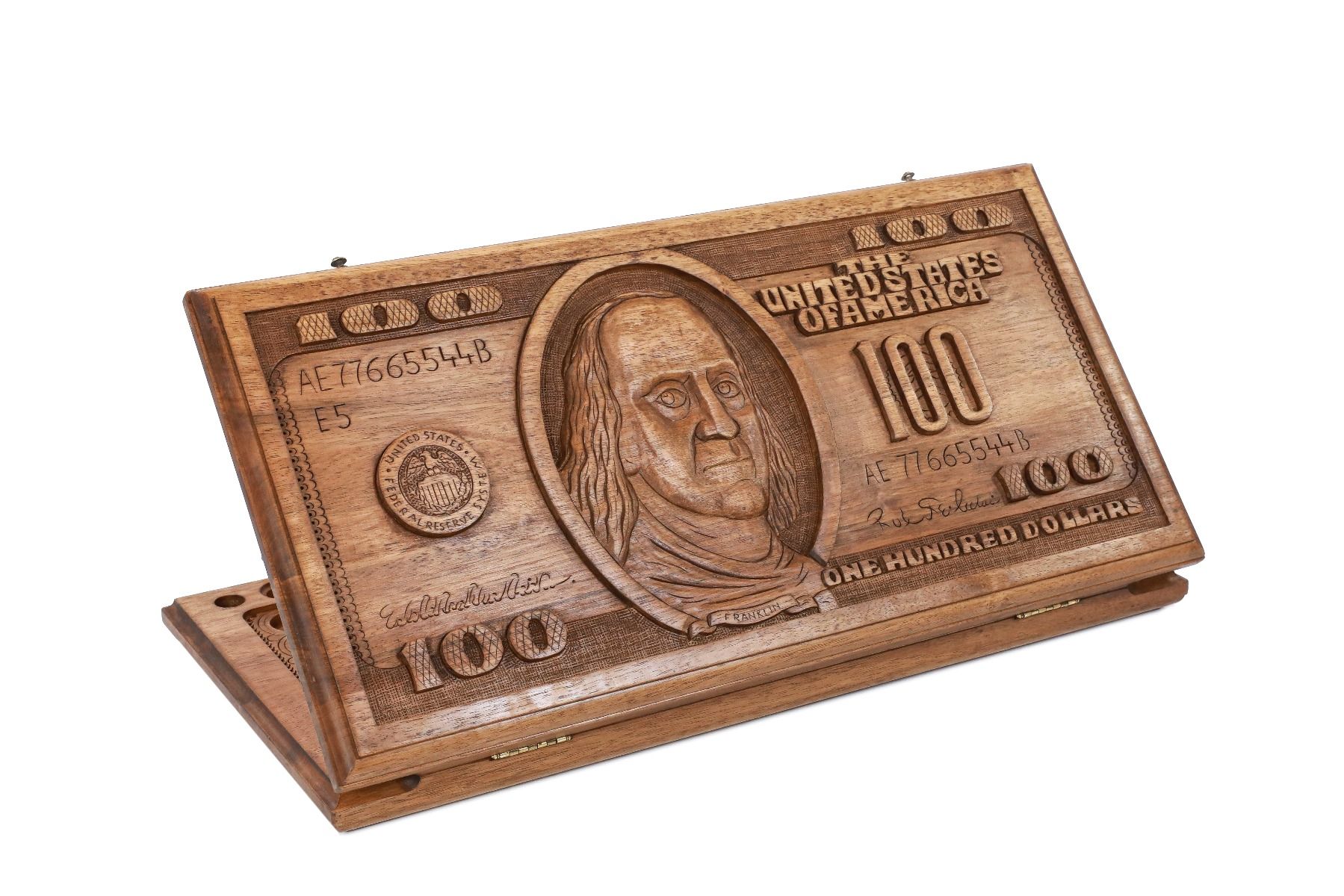 A frontal shot of the closed 100 dollar bill classic backgammon board showing the detailed wood incrustation and carving.


