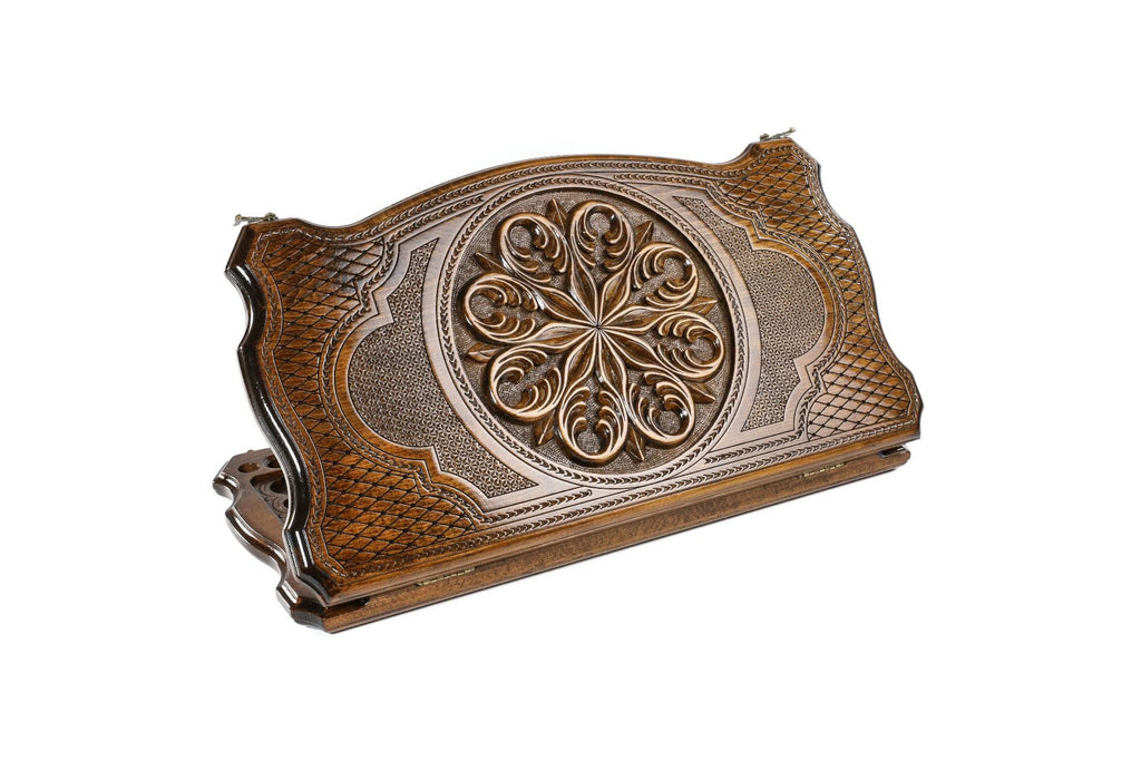 Ornamental backgammon set by Hrachya Ohanyan with carved two-sided wooden board