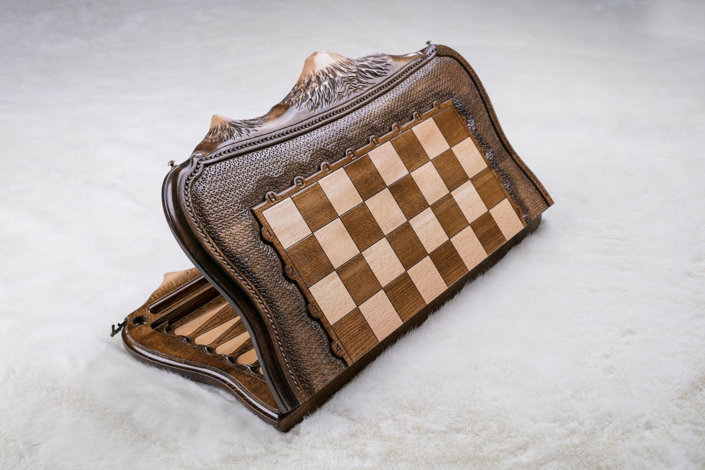Luxury Armenian wooden chess set with Mount Ararat outline wooden chess board
