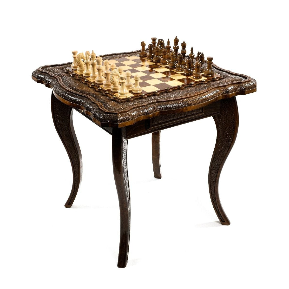 Overall view of the hand-carved wooden chess table showcasing the intricate carvings by Hrachya Ohanyan.
