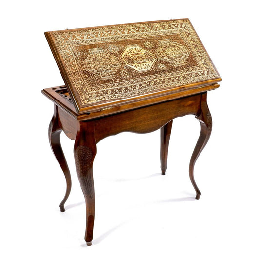 Overall view of the handcrafted wooden backgammon table featuring Armenian carpet ornaments by Hrachya Ohanyan