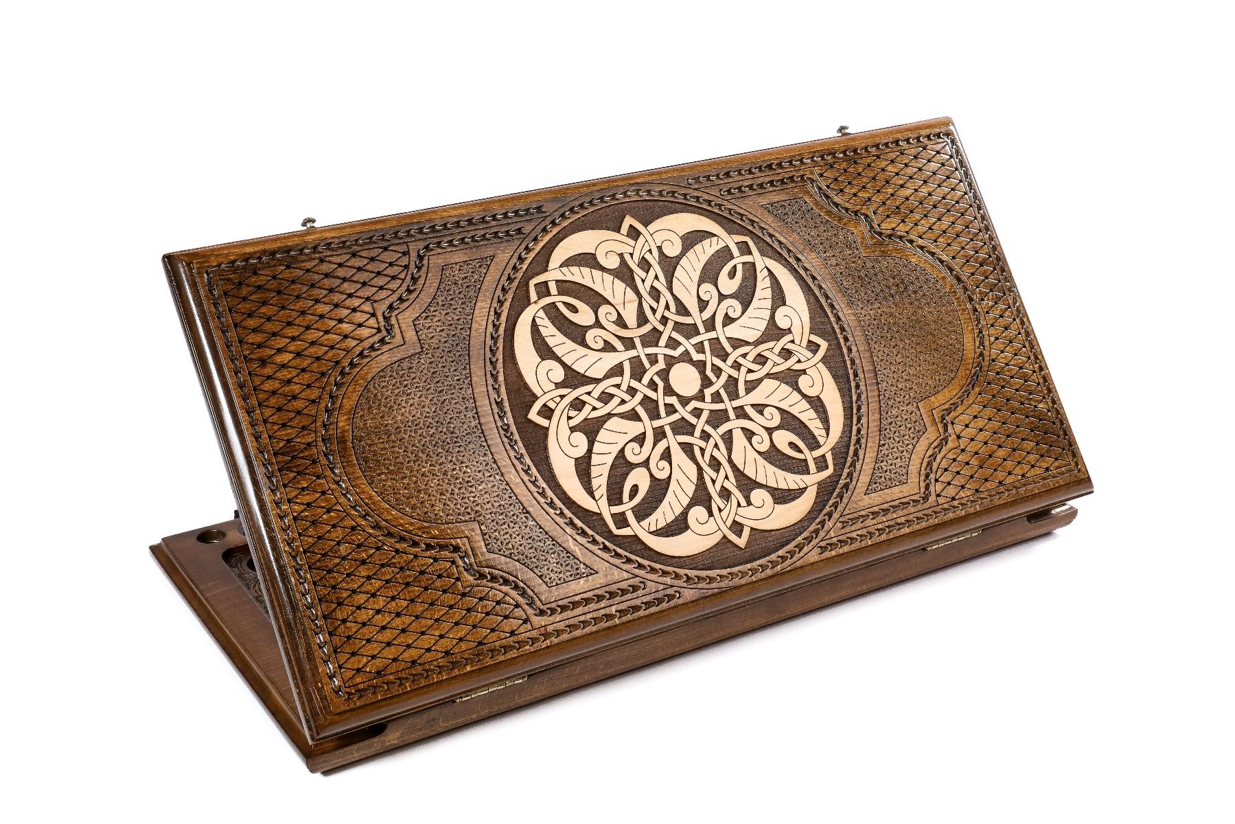 Exterior view of the classic wooden backgammon board showcasing the detailed ornamental design.