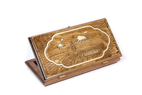 Armenian backgammon set closed, Mount Ararat and ARMENIA carved on the lid