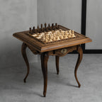 Side view of the elegant wooden chess table
