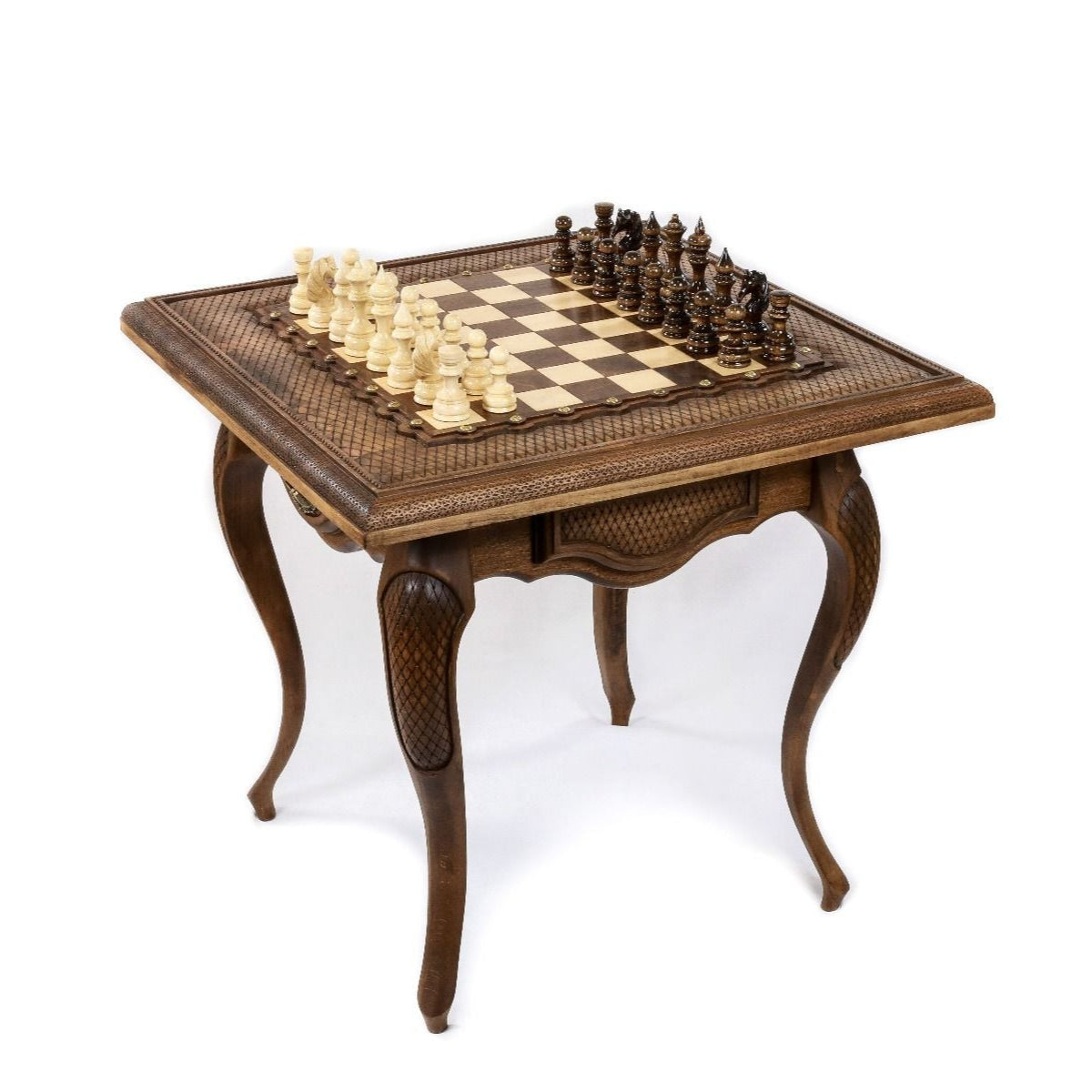 Close-up of the handcrafted wooden chessboard surface by Hrachya Ohanyan