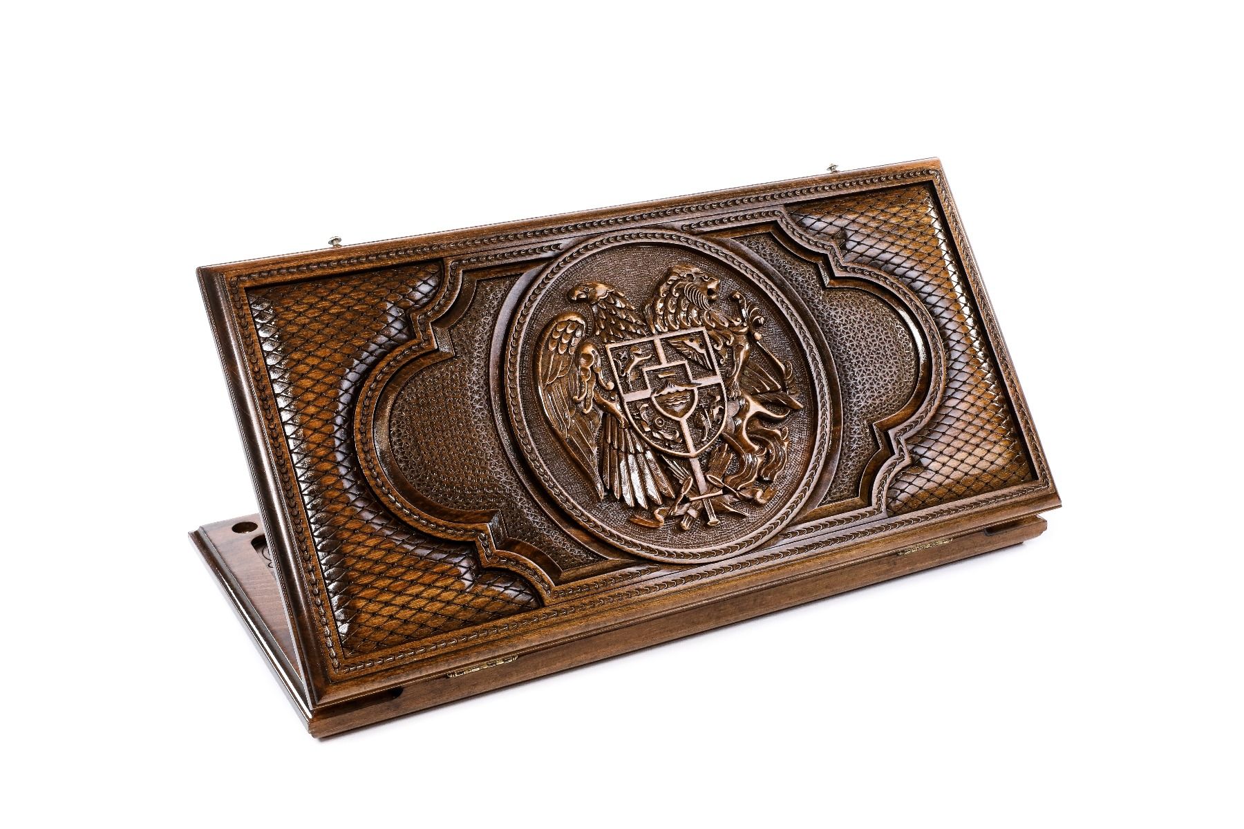 A frontal shot of the closed Armenian Coat of Arms classic backgammon board showing the detailed eagle and lion relief carving.