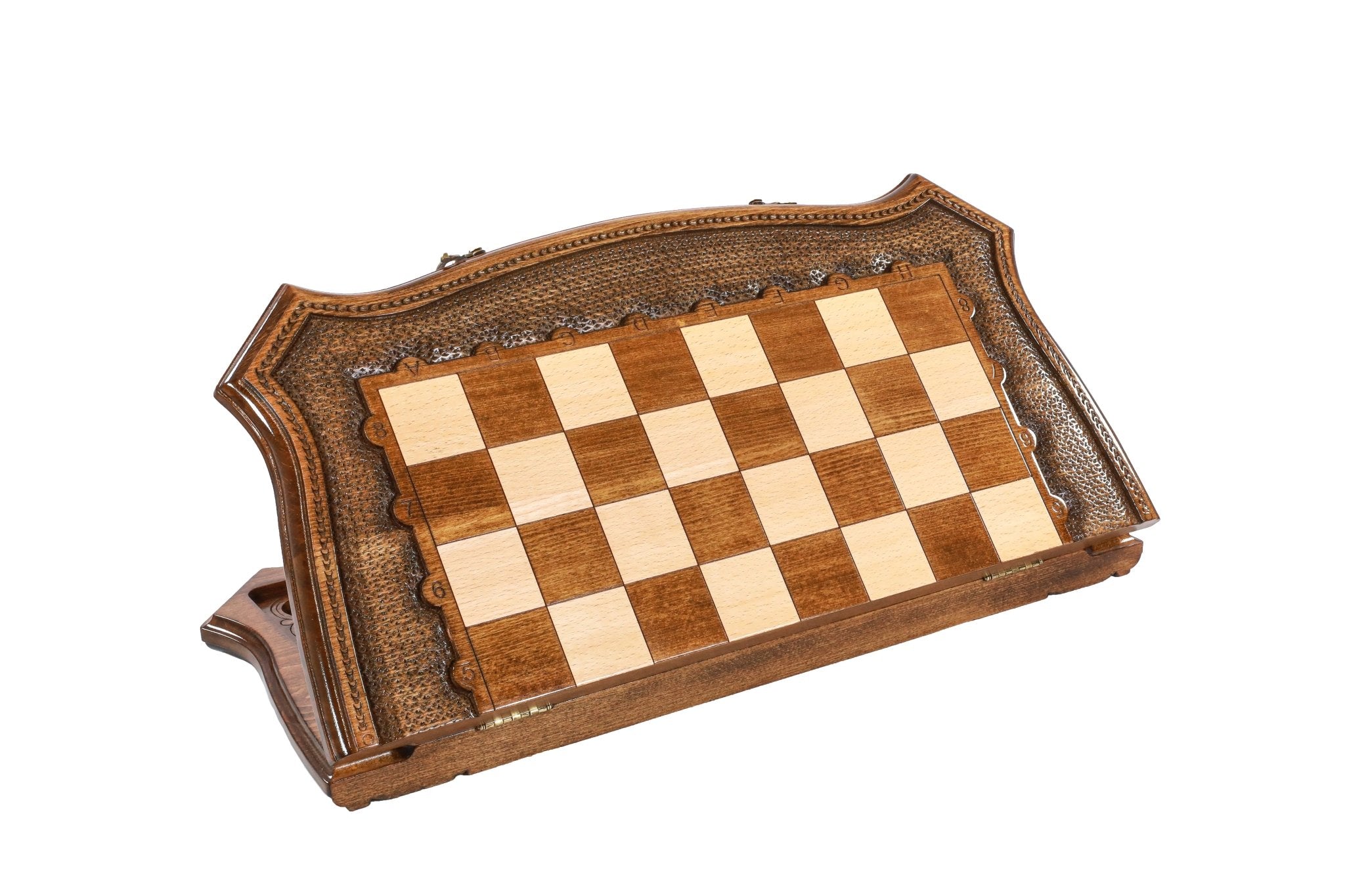 Handcrafted wooden chess set and wooden backgammon Armenian themed craftsmanship