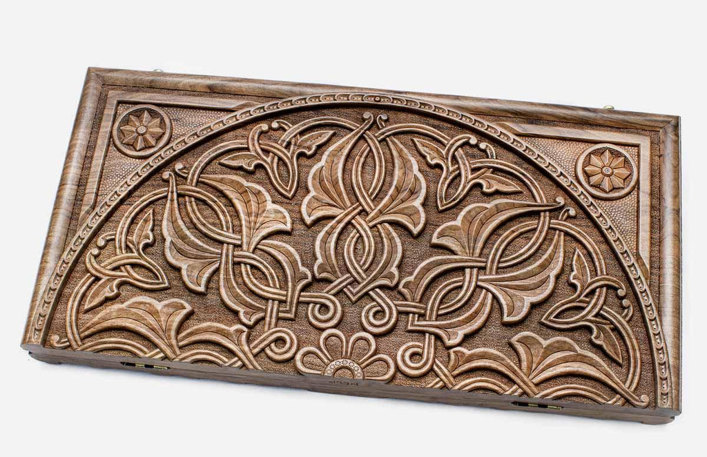 Armenian walnut backgammon board carved by a master with an arabesque ornament