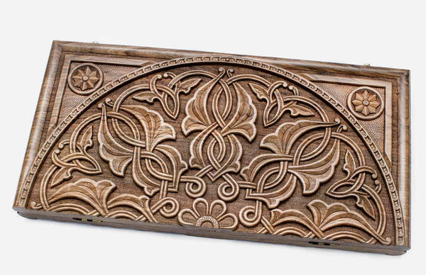 Armenian walnut backgammon board carved by a master with an arabesque ornament