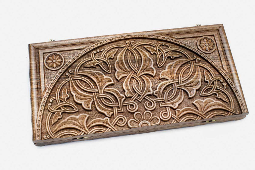 Armenian master-carved arabesque backgammon board, side view