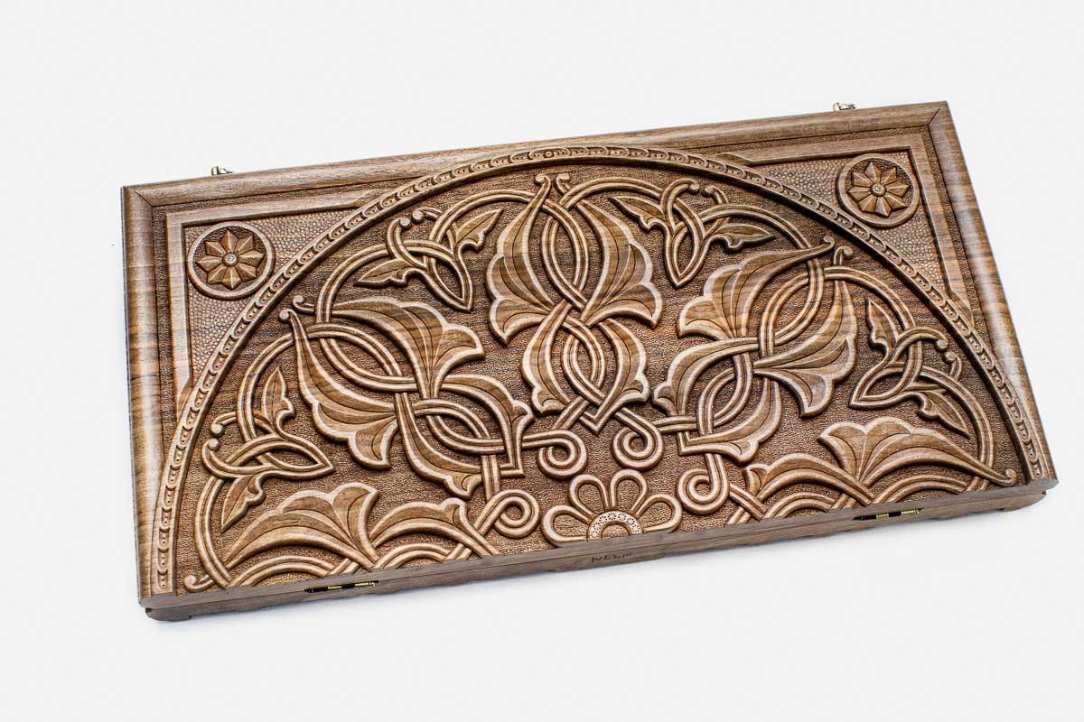 Armenian master-carved arabesque backgammon board, side view