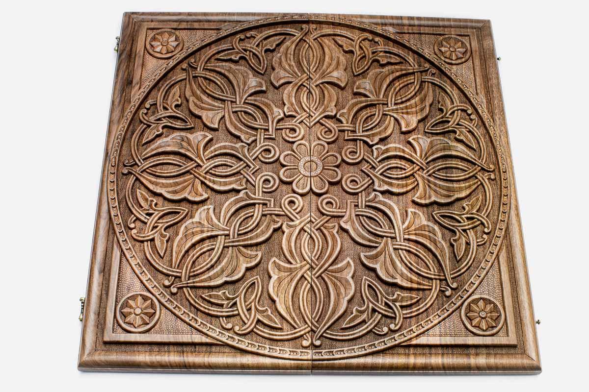 Armenian backgammon board folded closed showing carved lid