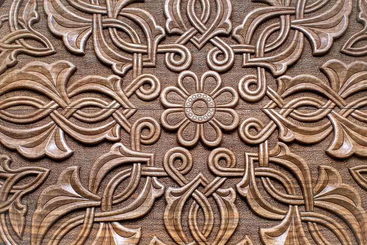 Armenian backgammon board detail of arabesque ornament carving