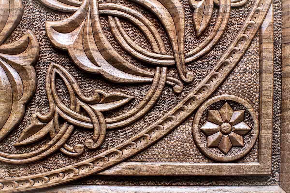 Armenian master-carved walnut backgammon board corner rosette detail