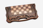 Angled view of the Ararat chess set with its wooden pieces