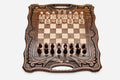 Folding walnut chess board with carved scrollwork borders, a Mount Ararat inlay and beech and walnut pieces in starting position