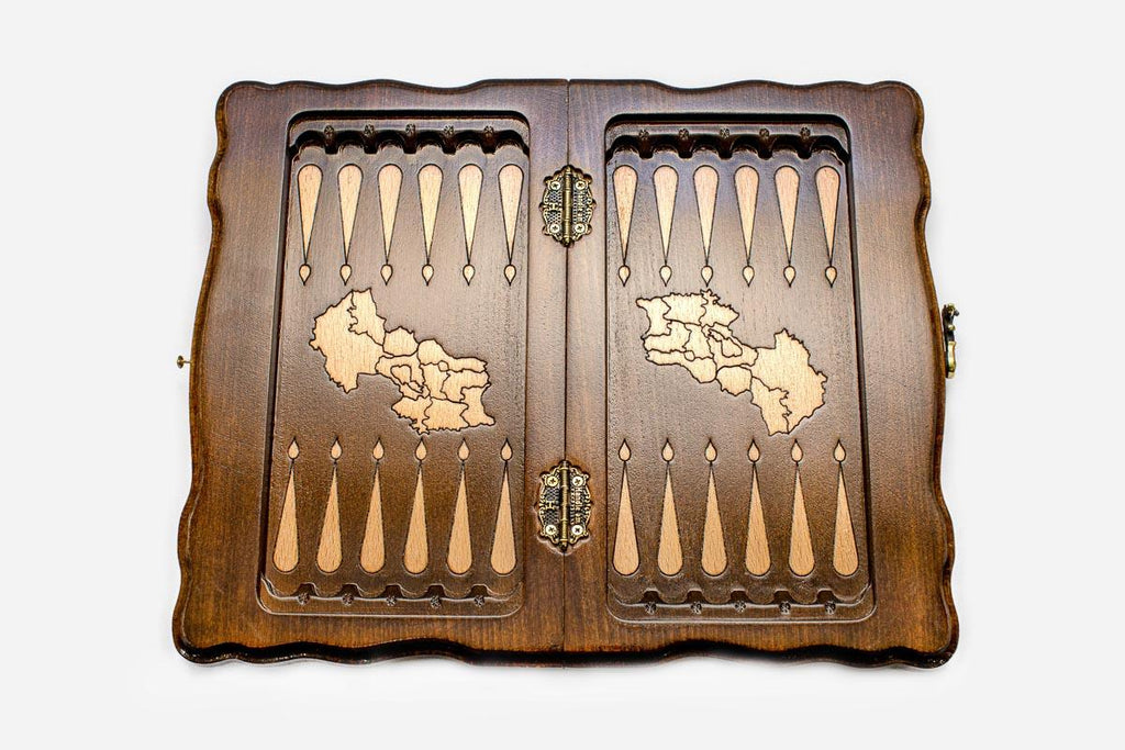 Mount Ararat chess and backgammon set shown folded with carry handle