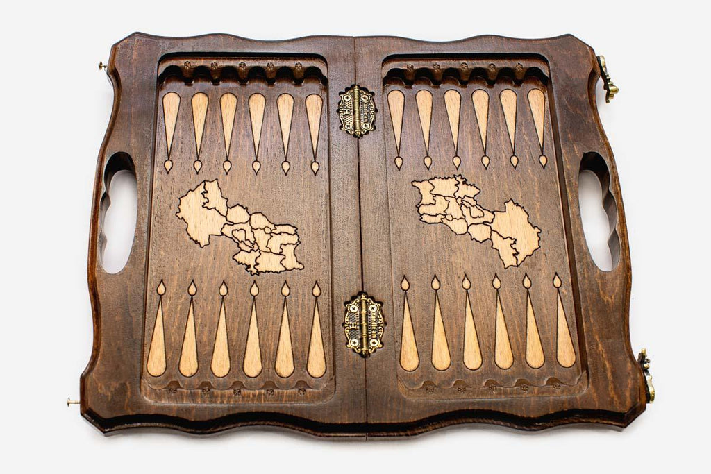 Mount Ararat chess and backgammon set shown folded with carry handle