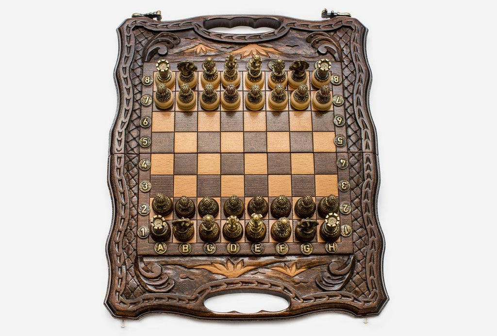 Compact Mount Ararat Beech Chess and Backgammon Set with Bronze Pieces
