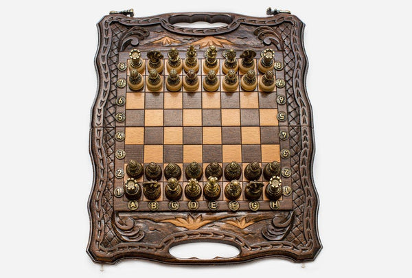 Compact Mount Ararat Beech Chess and Backgammon Set with Bronze Pieces