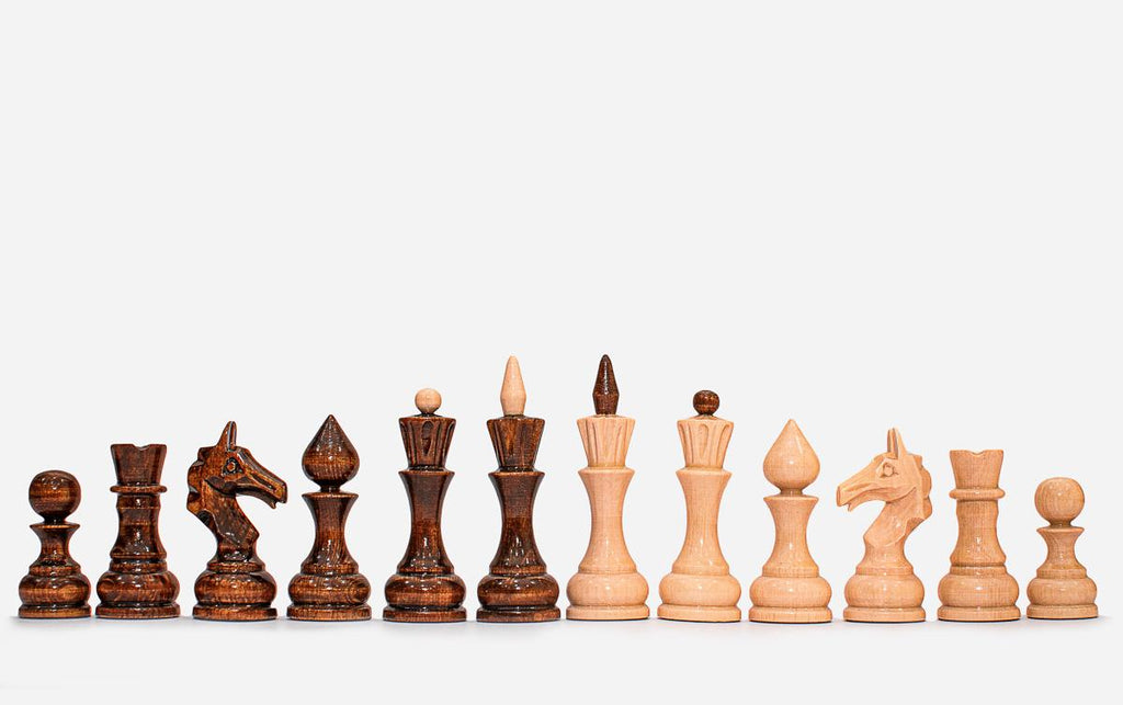 The pomegranate and grape folding chess set shown from an angle