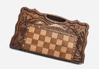 Mount Ararat, Pomegranate and Grapevine chess and backgammon set shown folded with carry handle