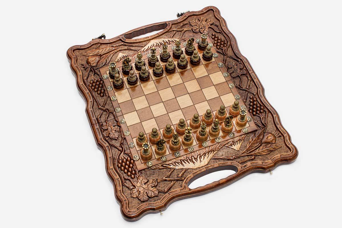 Mount Ararat, Pomegranate and Grapevine Beech Chess and Backgammon Set with Bronze Pieces