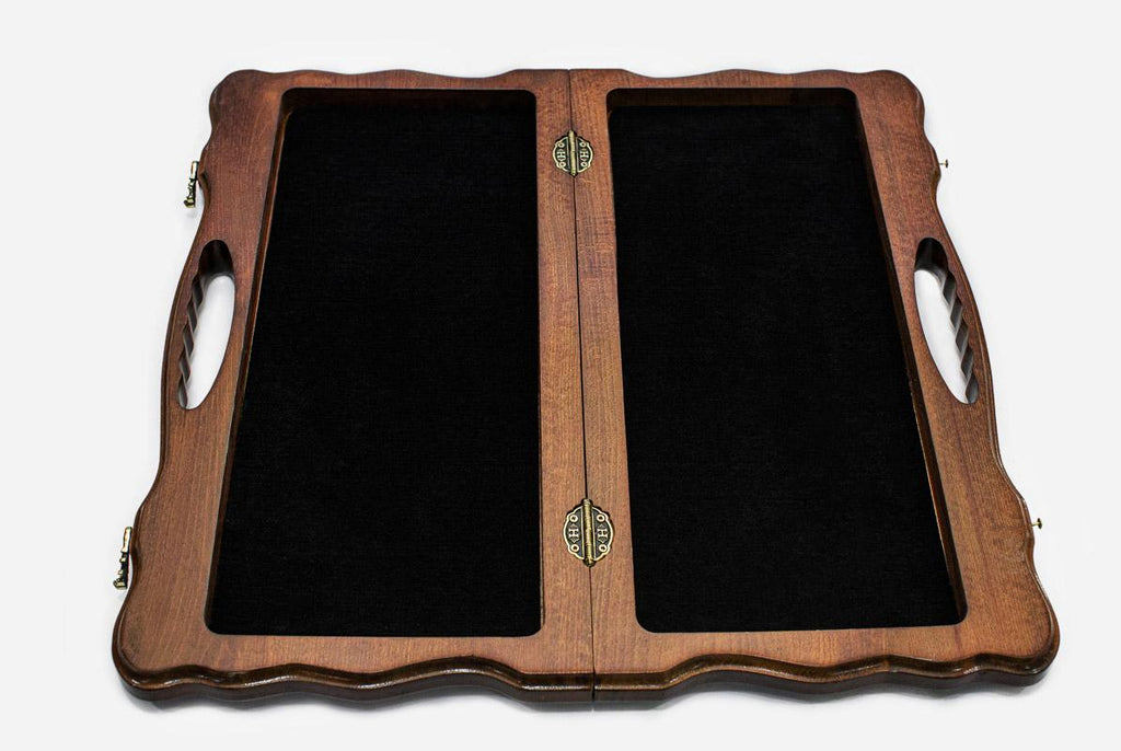 Overhead view of the chessboard and the full set of pieces