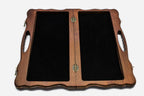 Overhead view of the chessboard and the full set of pieces
