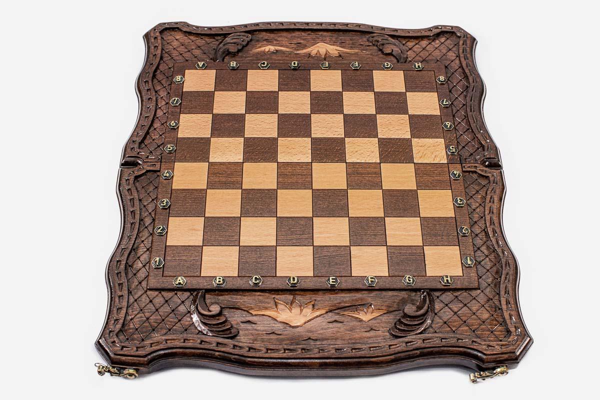 Mount Ararat and Baklava Lattice chess and backgammon set shown folded with carry handle