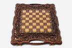 Classic chess and backgammon set shown folded with carry handle