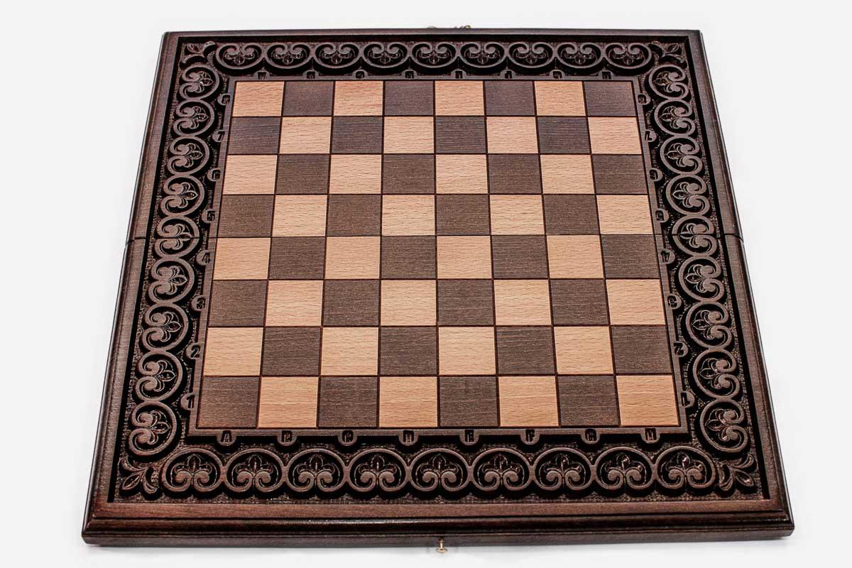 Floral Border chess and backgammon set shown folded with carry handle