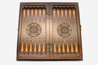 Classic chess and backgammon set shown folded with carry handle