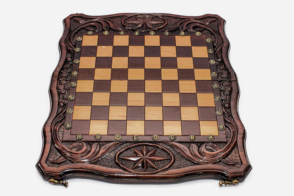 Octagon chess and backgammon set shown folded with carry handle