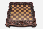 Octagon chess and backgammon set shown folded with carry handle