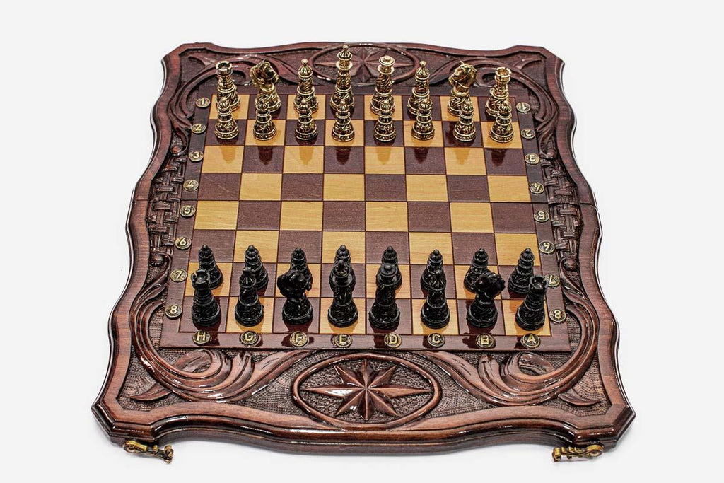 Octagon Beech Chess and Backgammon Set with Bronze Pieces