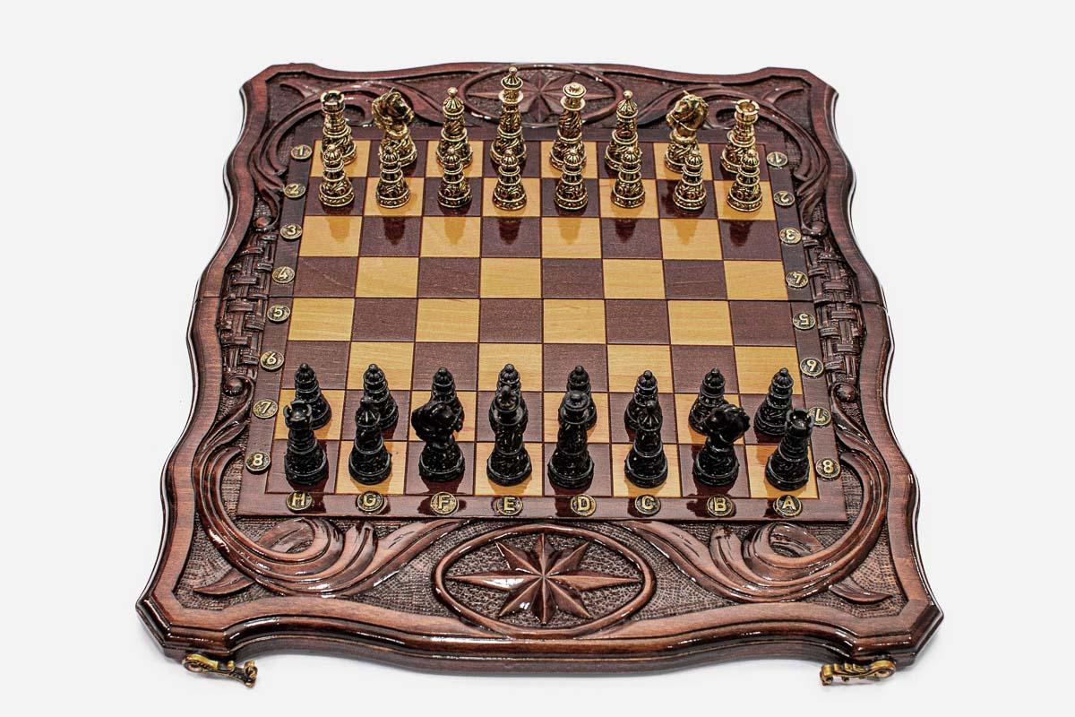 Octagon Beech Chess and Backgammon Set with Bronze Pieces